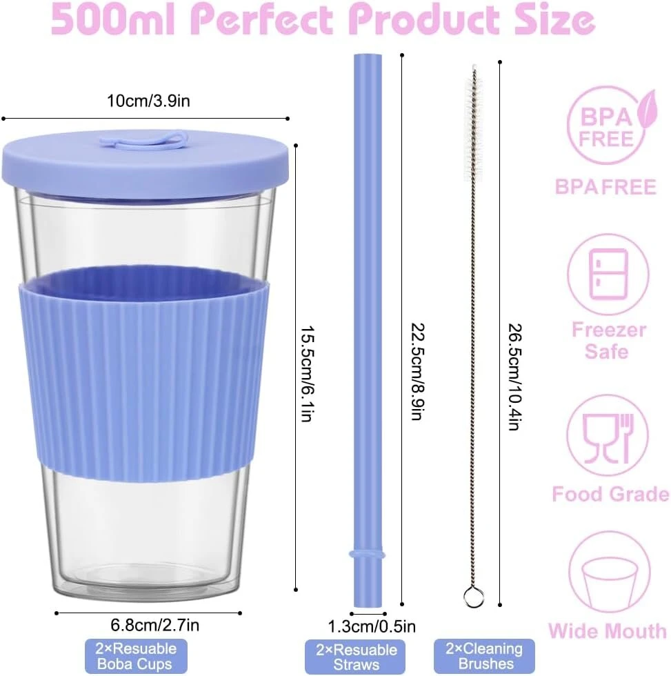 Zgoec 500 ml Bubble Tea puodelis su dangteliu ir šiaudeliu, 2 vienetai daugkartinio naudojimo plastikiniai puodeliai, kokteilių puodeliai, gėrimo puodelis su šiaudeliu, dvigubų sienelių izoliuotas, nepralaidus gėrimų puodelis arbatai, šaltai kavai, šviesi