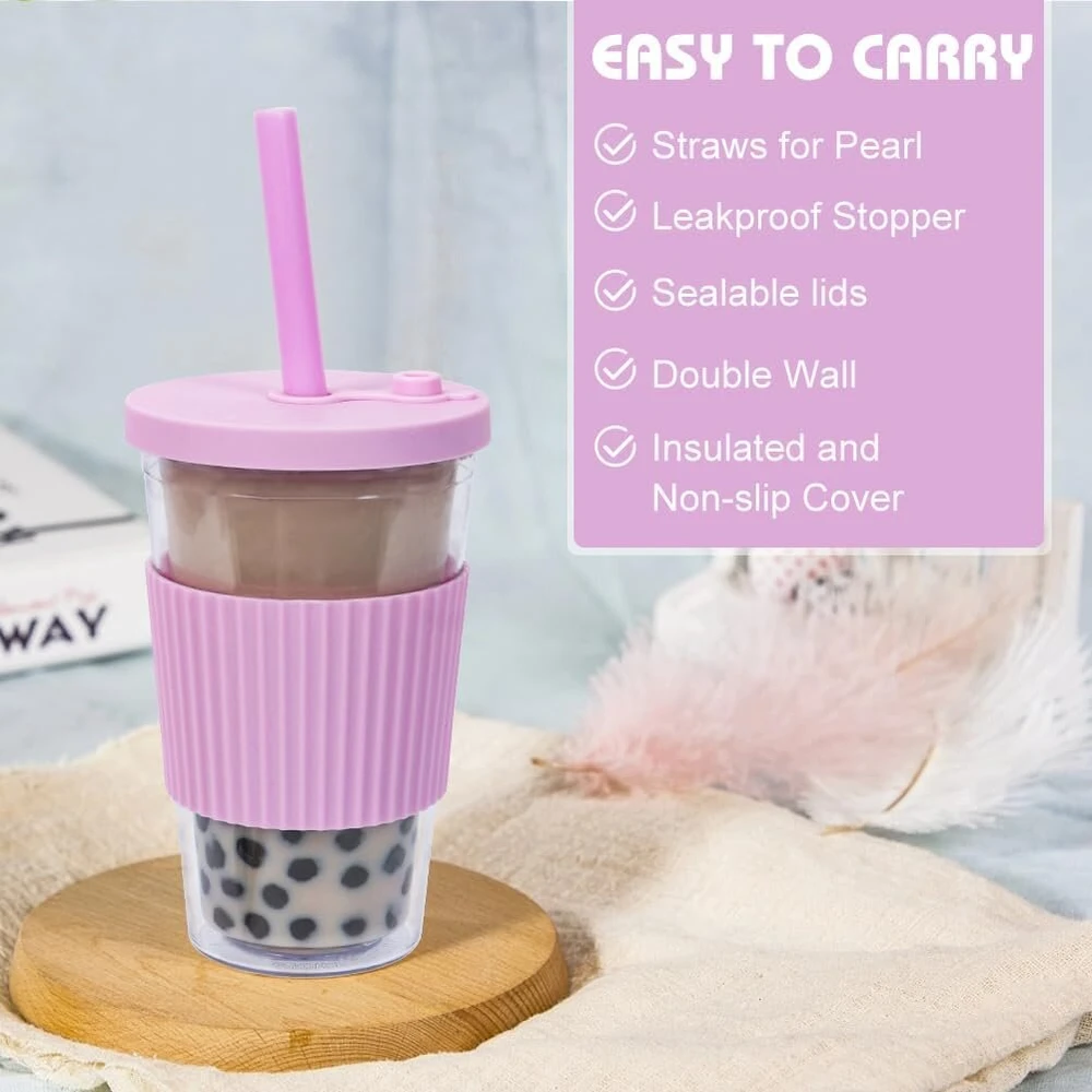 Zgoec 500 ml Bubble Tea puodelis su dangteliu ir šiaudeliu, 2 vienetai daugkartinio naudojimo plastikiniai puodeliai, kokteilių puodeliai, gėrimo puodelis su šiaudeliu, dvigubų sienelių izoliuotas, nepralaidus gėrimų puodelis arbatai, šaltai kavai, šviesi