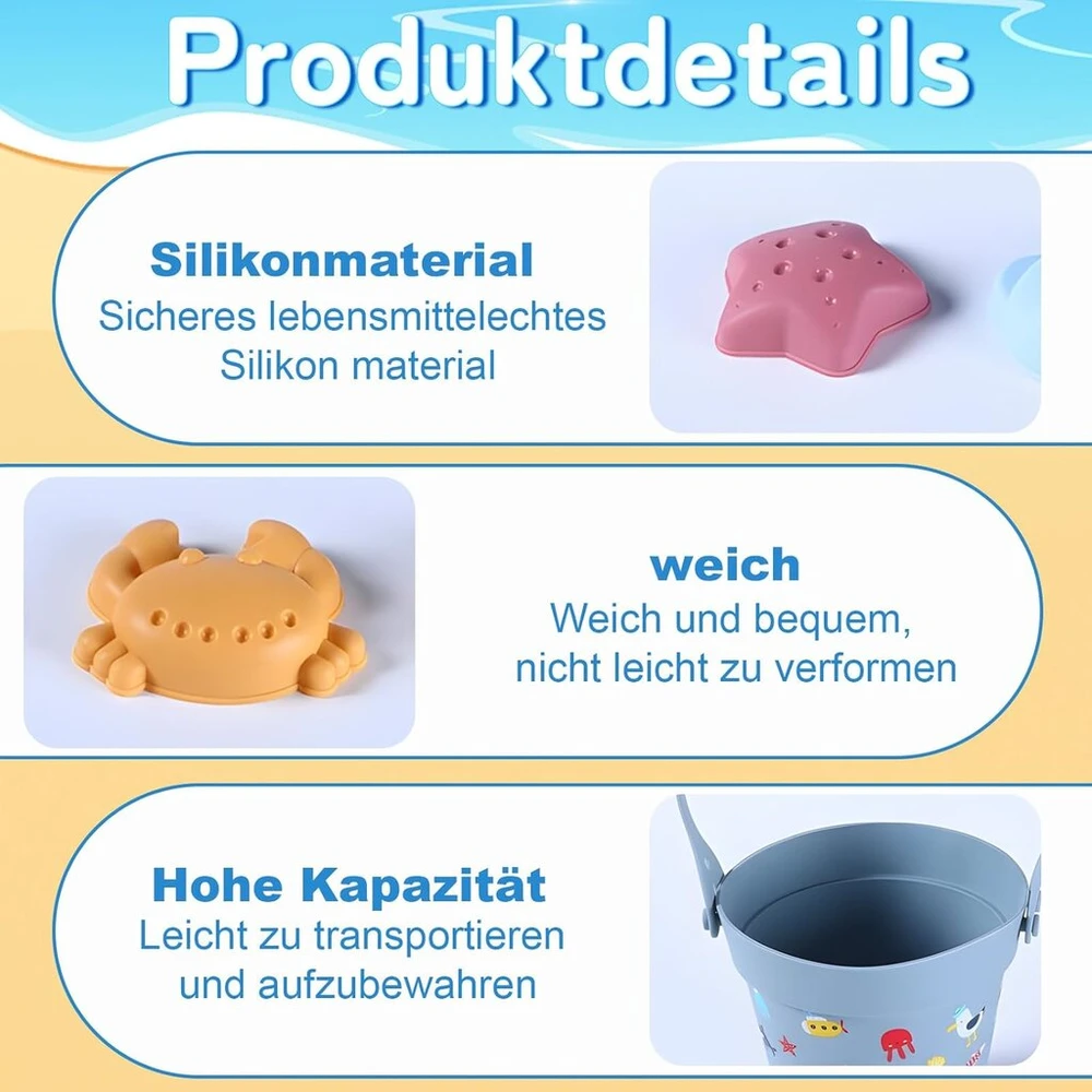 Zhao Ge 11 dalių paplūdimio žaislų rinkinys vaikams, silikoninių žaislų rinkinys smėliui, kibirėlis, kastuvas, undinėlė, jūros žvaigždė, kriauklė, vaivorykštės spalvų smėlio dėžės žaislas, žaidimai lauke, mėlynas