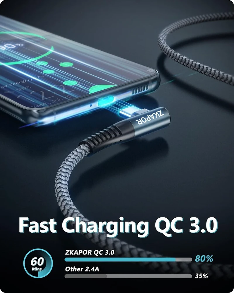 Zkapor Usb C kabelis [2 vnt. po 2 m] 3.1 A, 90 laipsnių kampo įkrovimo kabelis Usb C greito įkrovimo kabelis nailoninis Usb C įkrovimo kabelis telefonui 16/15/14 Pro Max, Galaxy S24/s23/s22, Note 20 10, P40/p30