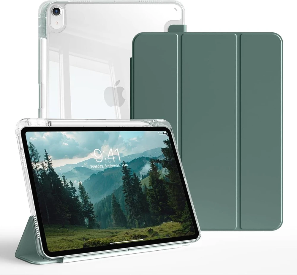 Zktuyu dėklas, skirtas Ipad Air 11 colių 7/6 (2025 M3/2024 M2)/10.9 colių 5/4 (2022/2020) su rašiklio laikikliu, trifold stovas, skaidrus galinis dangtelis, plonas stovas, planšetinio kompiuterio apsauginis dėklas (tamsiai žalias)