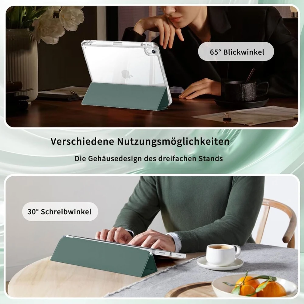 Zktuyu dėklas, skirtas Ipad Air 11 colių 7/6 (2025 M3/2024 M2)/10.9 colių 5/4 (2022/2020) su rašiklio laikikliu, trifold stovas, skaidrus galinis dangtelis, plonas stovas, planšetinio kompiuterio apsauginis dėklas (tamsiai žalias)