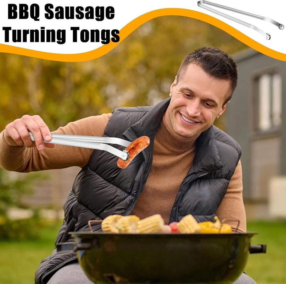 Žnyplės kepsninei su besisukančiais ratukais - ilgos dešrelių žnyplės bbq, nerūdijančio plieno virtuvinės žnyplės kepimui ant grotelių, metalinės žnyplės, dešrelių laikiklis patogiam gaminimui su aliejaus teptuku ir valymo šluoste