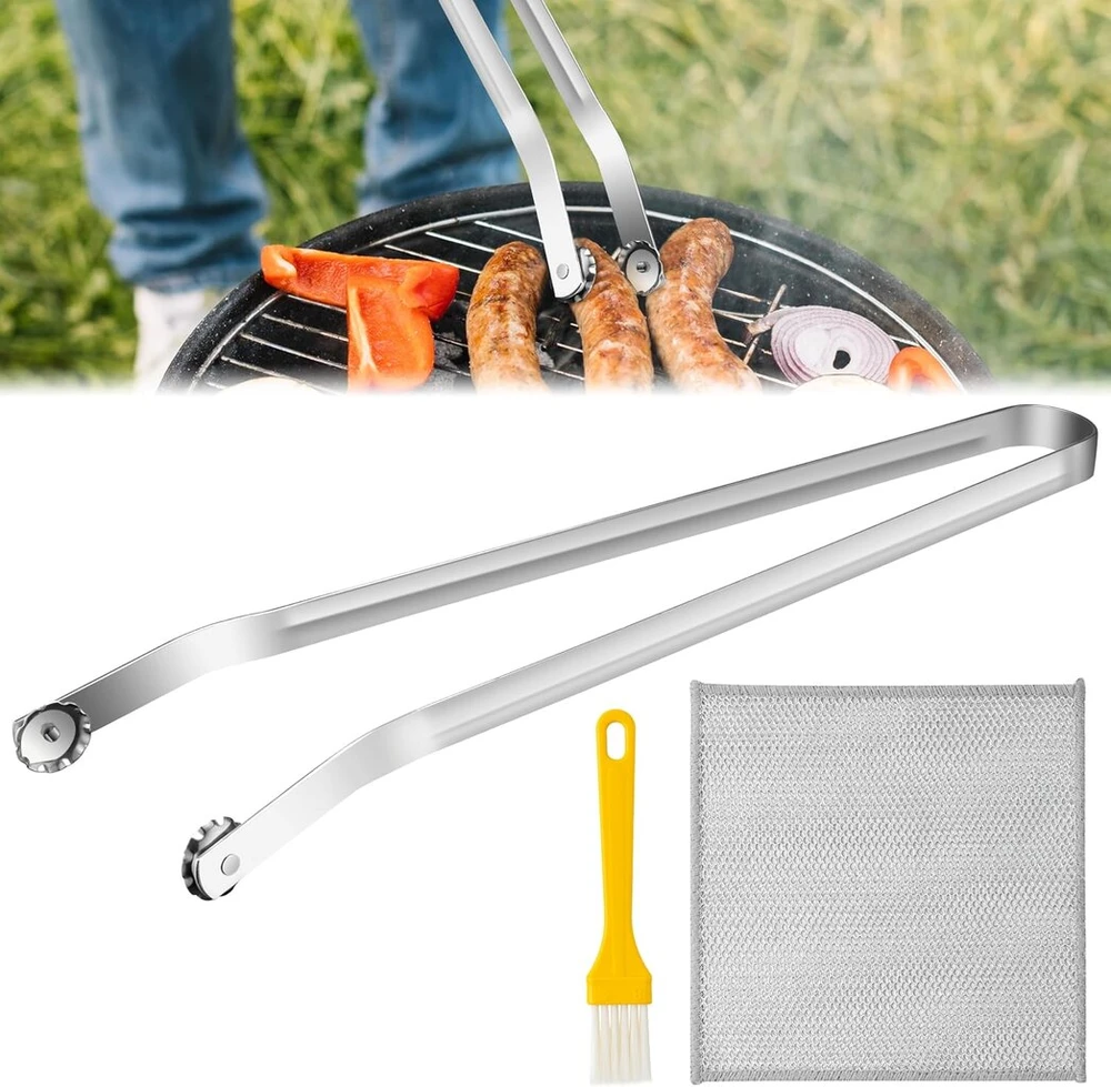 Žnyplės kepsninei su besisukančiais ratukais - ilgos dešrelių žnyplės bbq, nerūdijančio plieno virtuvinės žnyplės kepimui ant grotelių, metalinės žnyplės, dešrelių laikiklis patogiam gaminimui su aliejaus teptuku ir valymo šluoste