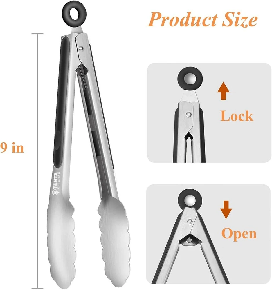 Žnyplės kepsninei, virtuvinės žnyplės, 23 cm žnyplės kepsninei, nerūdijančio plieno su fiksatoriumi, metalinės virtuvinės žnyplės su neslystančia silikonine rankena, žnyplės maisto gaminimui, žnyplės griliui, ilgos kepimui, grilinimui, karštam orui