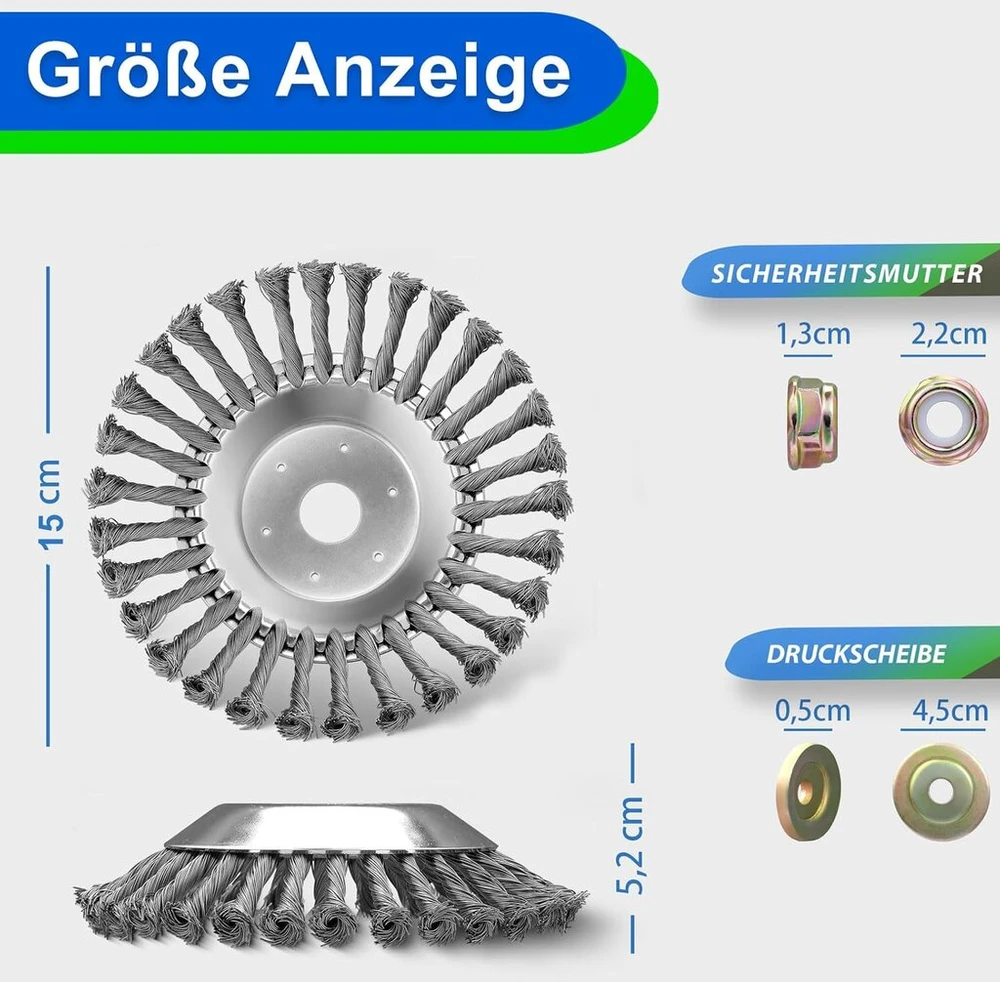 Žolių valymo šepetys, profesionalus žolių valymo šepetys krūmapjovėms su 25,4 mm skyle, vielinis šepetys, krūmapjovė, efektyvus žolių pašalinimas, gali būti naudojamas ant žoliapjovės, benzininės krūmapjovės