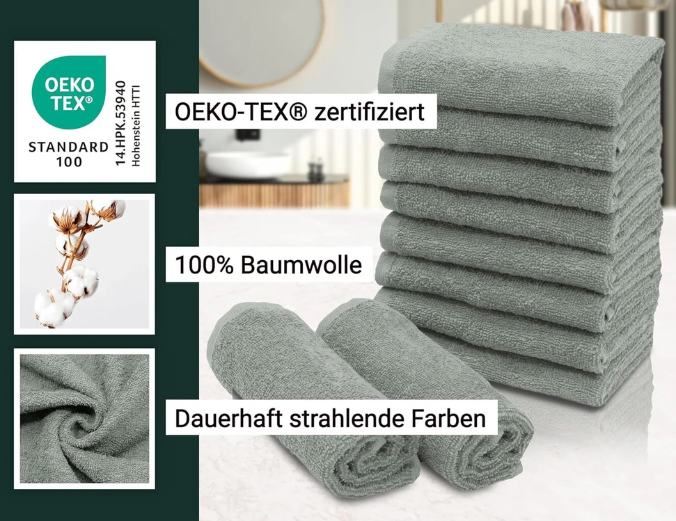Rankšluostis Zollner 10 flanelinių šluosčių rinkinys, 30 x 30 cm – gerai sugeriančios ir minkštos šluostės šviesiai pilkos spalvos – su praktiška pakaba – galima skalbti iki 60 °c – medvilnė – viešbučio kokybė