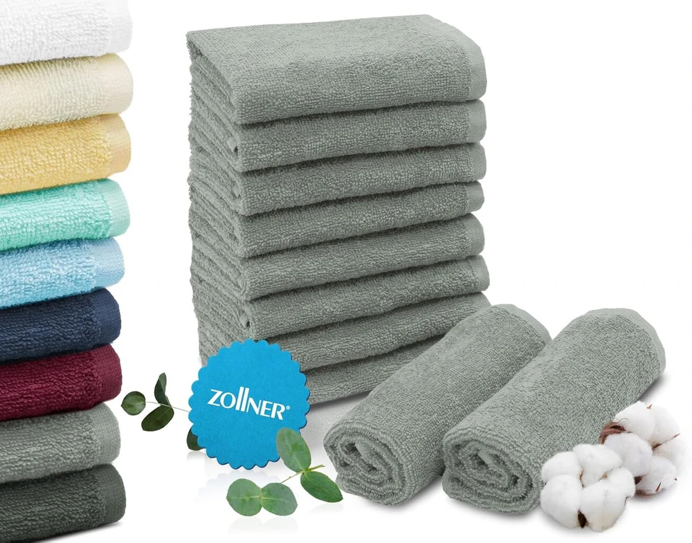 Rankšluostis Zollner 10 flanelinių šluosčių rinkinys, 30 x 30 cm – gerai sugeriančios ir minkštos šluostės šviesiai pilkos spalvos – su praktiška pakaba – galima skalbti iki 60 °c – medvilnė – viešbučio kokybė