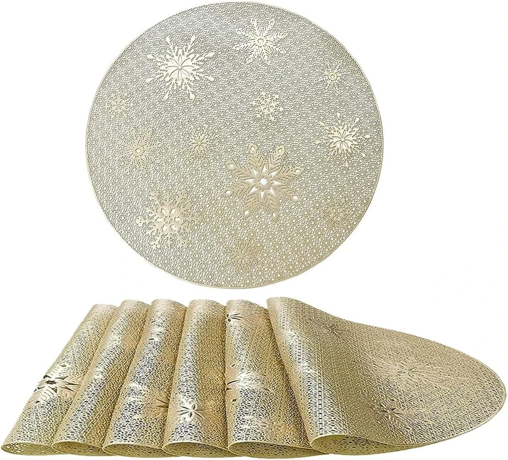 Rankšluostis Zoompil Kalėdiniai apvalūs aukso spalvos padėkliukai, 6 vnt., Kalėdiniai padėkliukai su snaigėmis, 38 cm, plaunami, Pvc, neslystantys, karščiui atsparūs apvalūs padėkliukai stalo dekoravimui
