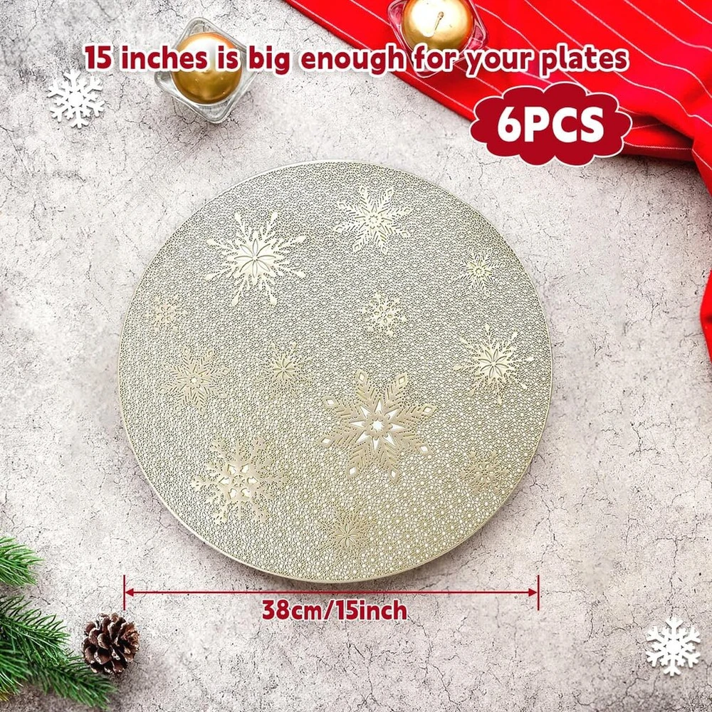 Rankšluostis Zoompil Kalėdiniai apvalūs aukso spalvos padėkliukai, 6 vnt., Kalėdiniai padėkliukai su snaigėmis, 38 cm, plaunami, Pvc, neslystantys, karščiui atsparūs apvalūs padėkliukai stalo dekoravimui
