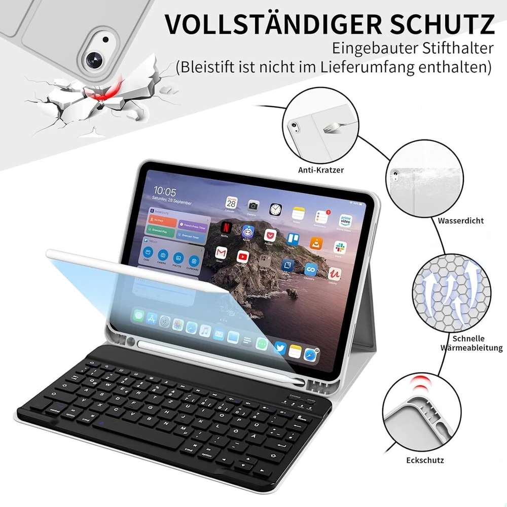 Zoyu klaviatūros dėklas, skirtas ipad 10-os kartos 2022 / ipad a16 11-os kartos 2025 (10,9/11 colių), minkštas tpu itin plonas dėklas su rašiklio laikikliu, magnetinė nuimama bluetooth klaviatūra, pilka