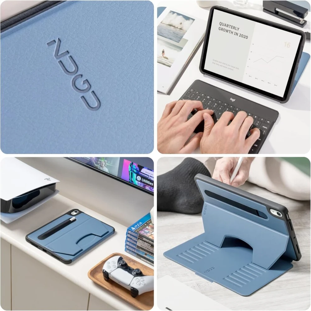 Zugu Case dėklas, skirtas Ipad 10.9 11-os/10-os kartos (a16 2025/2022), plonas apsauginis dėklas su 8 kampų stovu, magnetiniu rašiklio laikikliu, automatinis miego/pabudimo režimas [mėlynai pilkas]