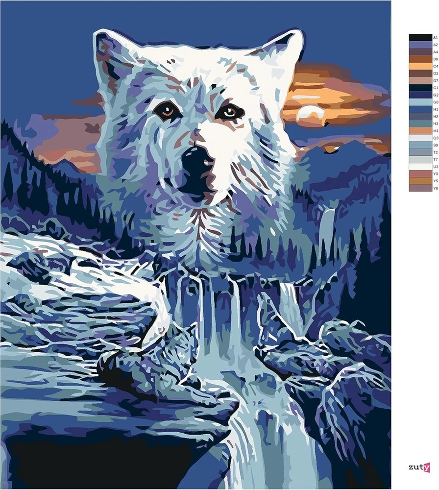 Zuty 1133221 paveikslas pagal skaičius Vilkas ir kriokliai 40 x 50 cm su porėmiu (iš anksto įtempta drobė), įrėminta