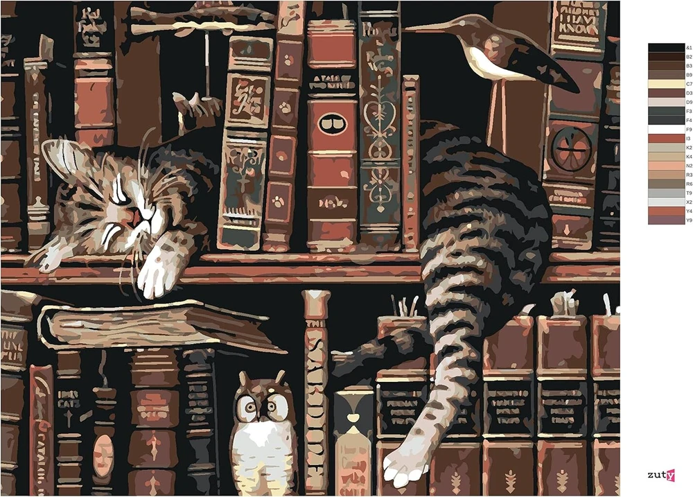 Zuty 2410201 paveikslas pagal skaičius „katė bibliotekoje“ 40 x 50 cm su rėmu (jau įtemptas)