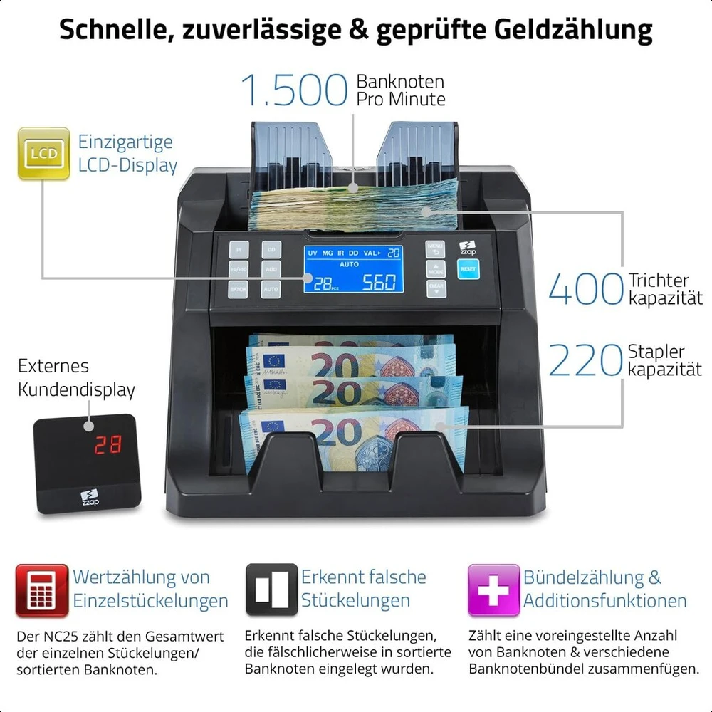 Zzap Nc25 banknotų skaičiuoklis ir padirbinių detektorius - pinigų skaičiavimo mašina, banknotų skaičiavimo mašina, pinigų skaičiuoklis