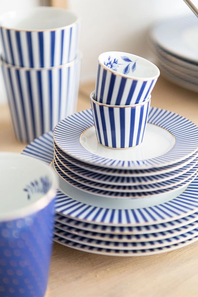 Porcelianinis puodelis su lėkštute Pip Studio Royal, mėlynas ir baltas dryžuotas, 230 ml