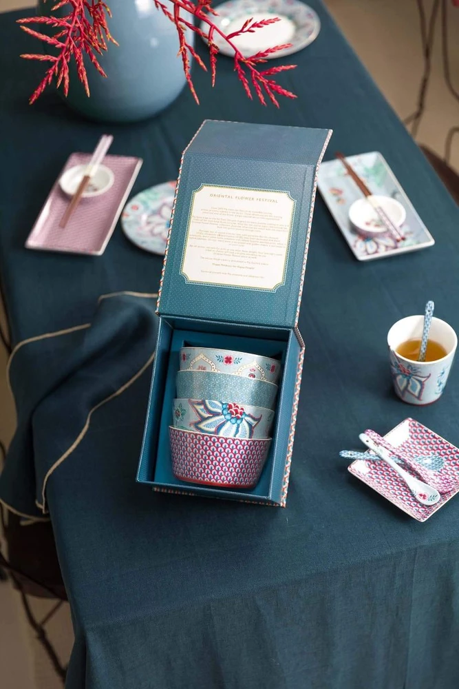 Porcelianinių dubenėlių rinkinys Pip Studio, pilkšvai mėlynas su gėlėmis, 12 cm