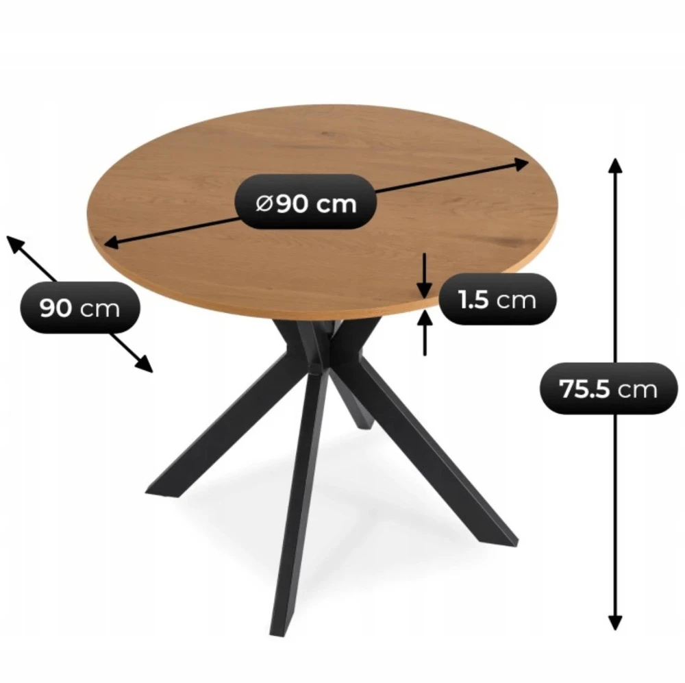 Mebel Elite Apvalus stalas, 90 cm, auksinio ąžuolo ir juodos spalvos