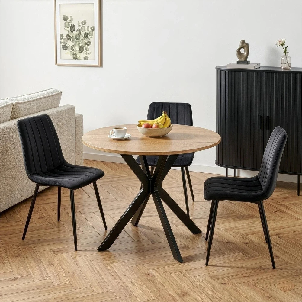 Mebel Elite Apvalus stalas, 90 cm, auksinio ąžuolo ir juodos spalvos