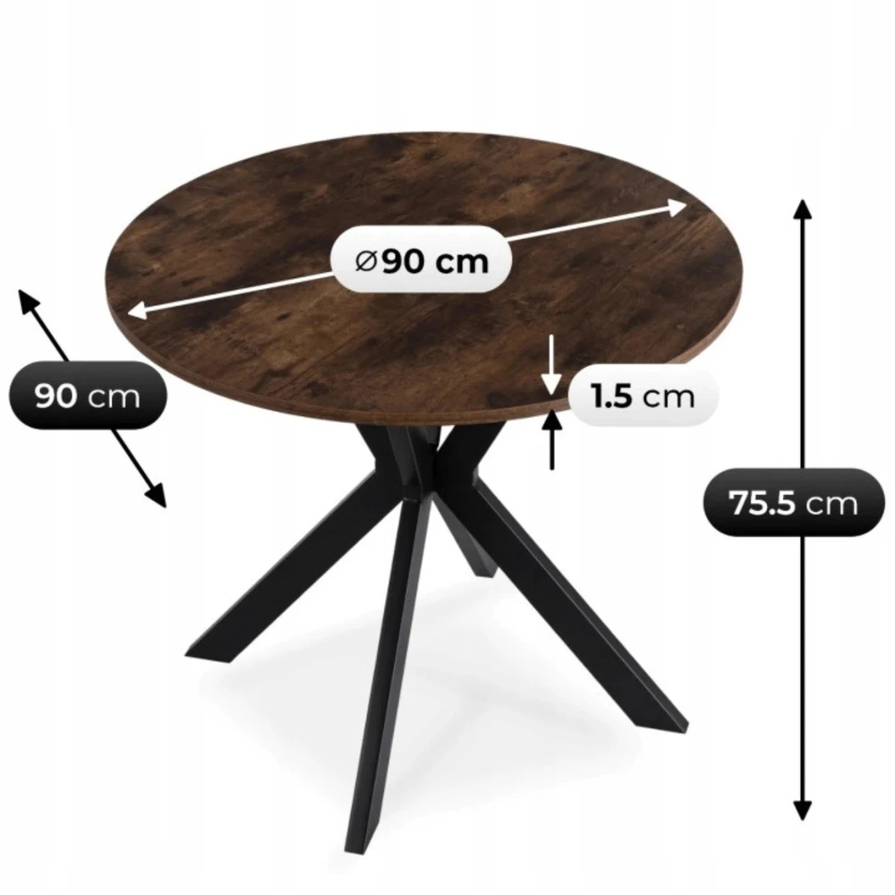 Mebel Elite Apvalus stalas, Ø 90 cm, rustikalaus ąžuolo ir juodos spalvos