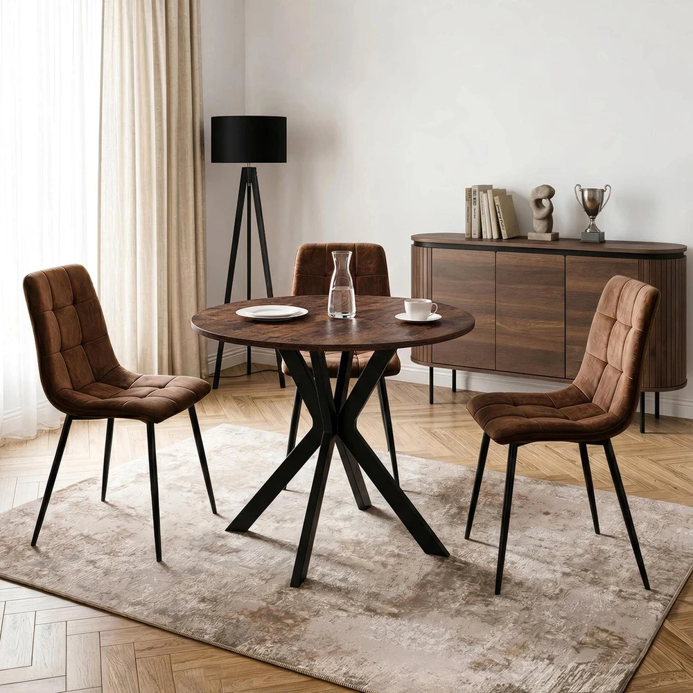 Mebel Elite Apvalus stalas LAUREN, Ø 90 cm, riešuto ir juodos spalvos