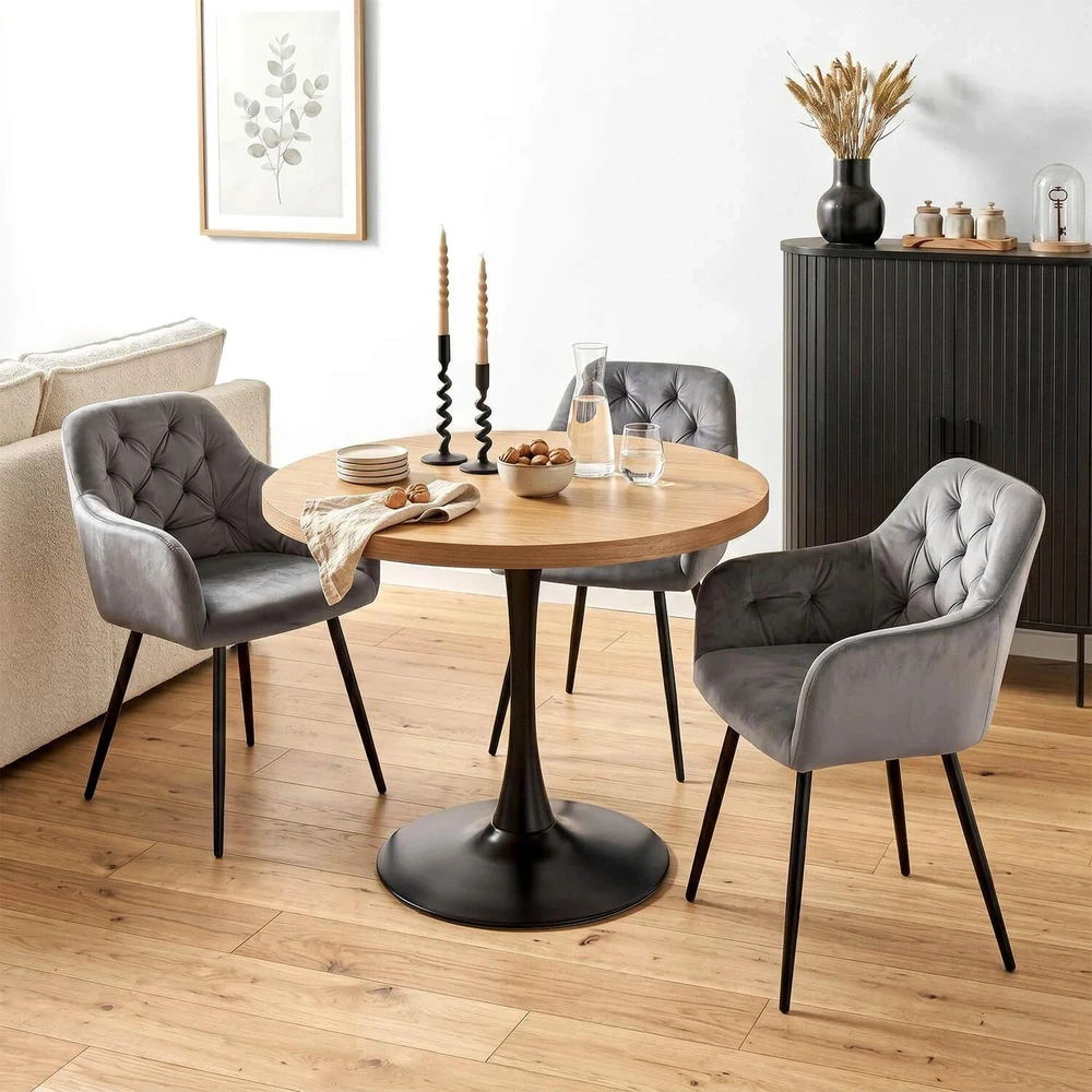 Mebel Elite Apvalus stalas LINO, Ø 100 cm, aukso ąžuolo spalvos ir juodas