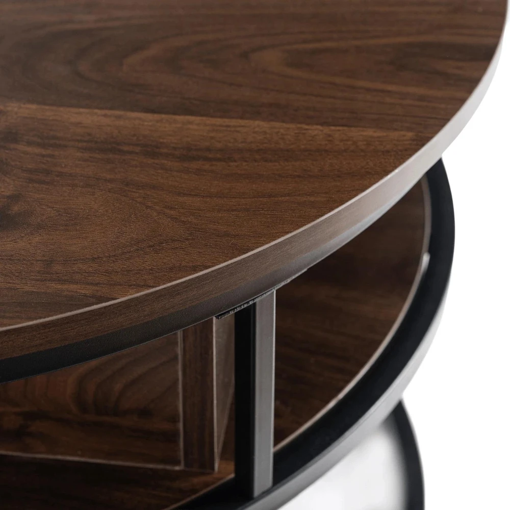 Mebel Elite Apvalus staliukas su daiktų laikymo skyriumi ir pakeliamu stalviršiu, Ø 80 cm, riešuto ir juodos spalvos