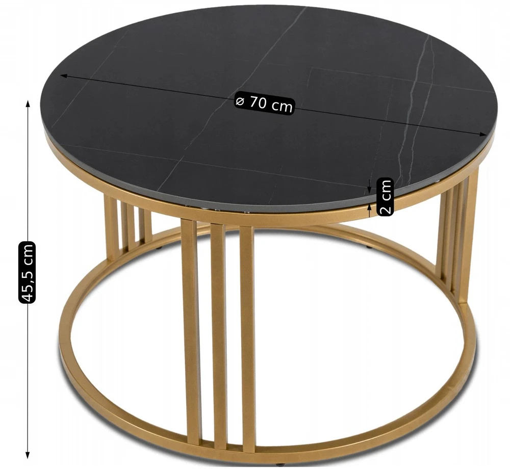 Mebel Elite Apvalus žurnalinis staliukas KORIN, Ø 70 cm, juodo marmuro ir aukso spalvos