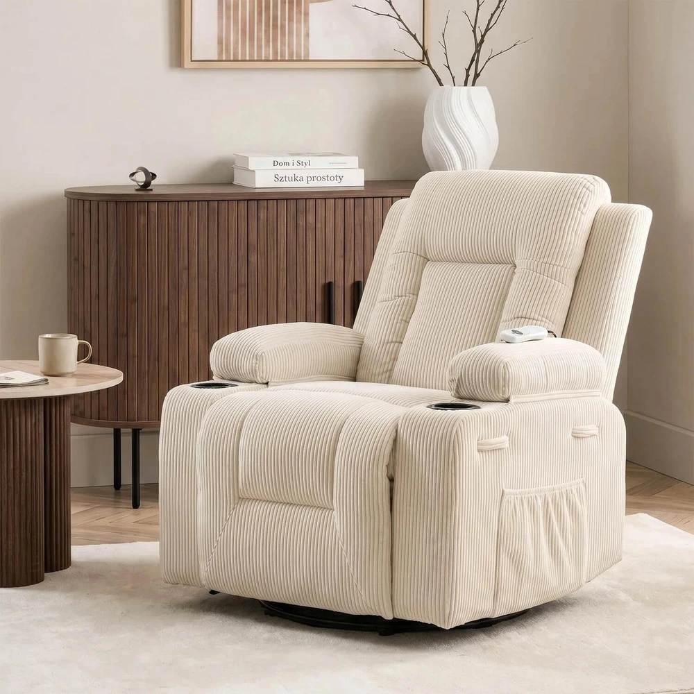Mebel Elite Atlošiamas masažinis fotelis BOX, smėlio spalvos, rantuotas velvetas