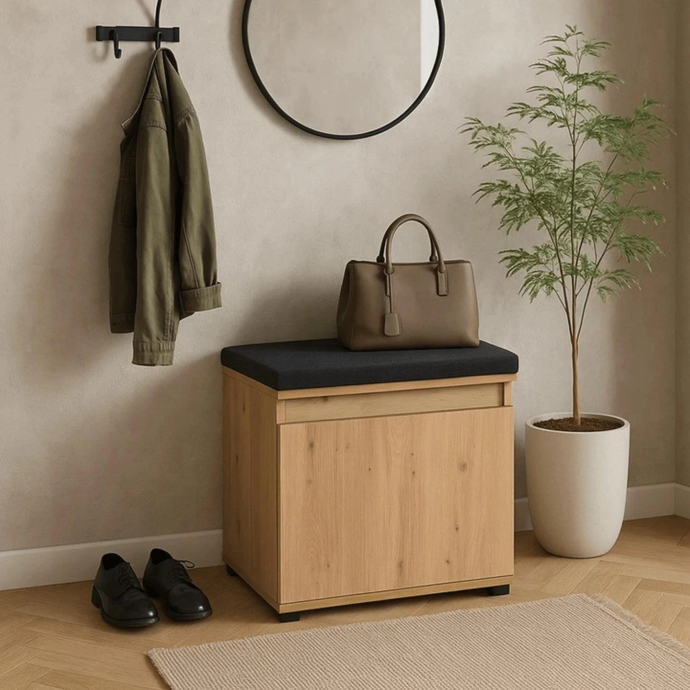Mebel Elite Batų spintelė su sėdimąja dalimi, 60 cm, artisan ąžuolo / grafito