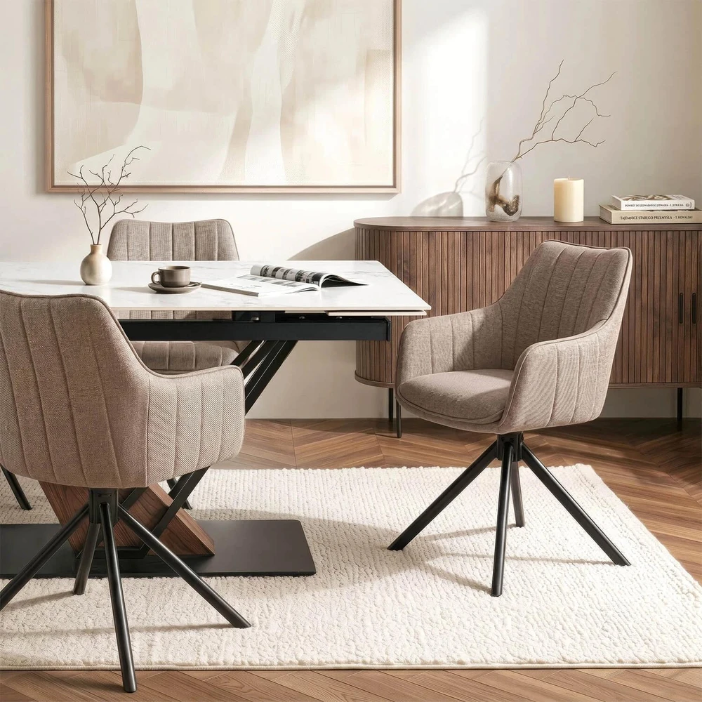 Fotelis Mebel Elite MUMBAI smėlio spalvos modernus minkštas besisukantis krėslas