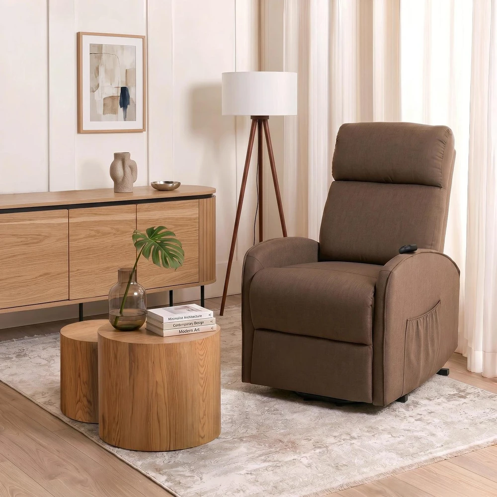 Mebel Elite Elektrinis atlošiamas fotelis COLTON su atsistojimo funkcija, 61 × 85 × 136 cm, rudas