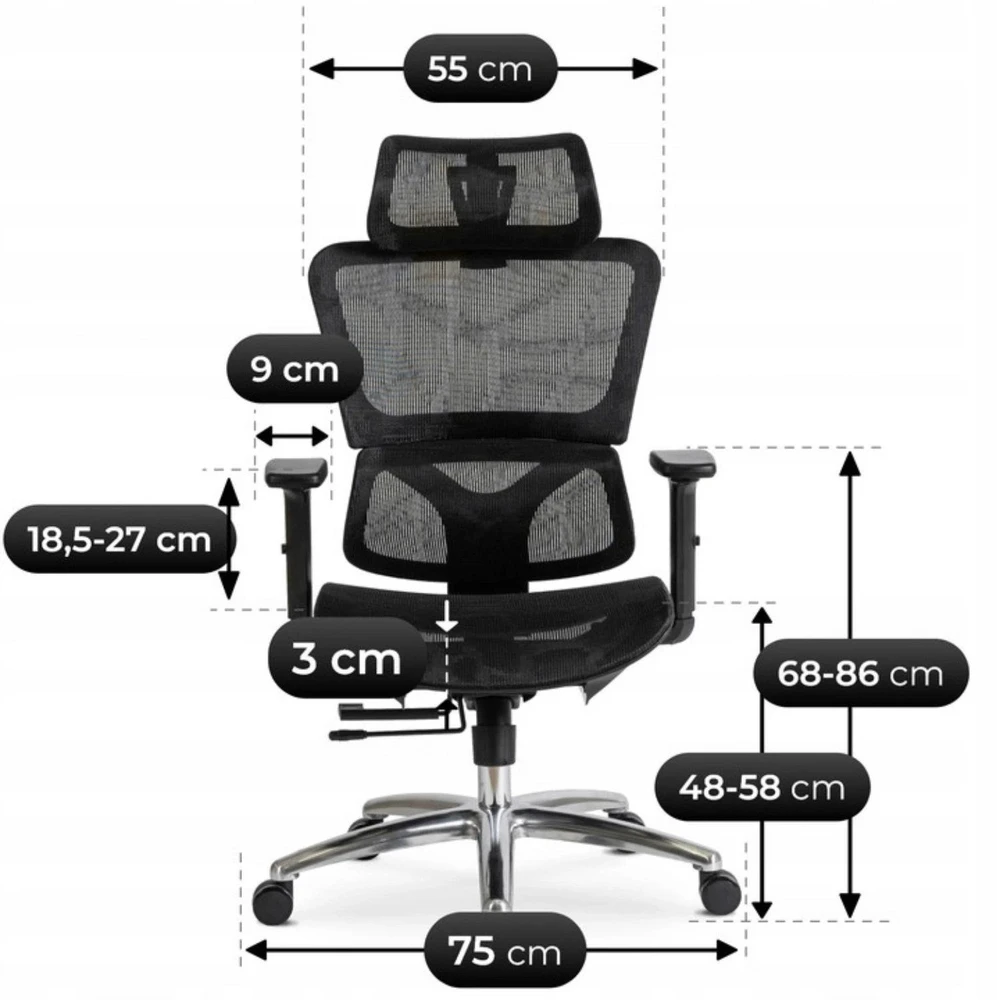 Mebel Elite Ergonominė biuro kėdė su porankiais ir galvos atrama, juoda