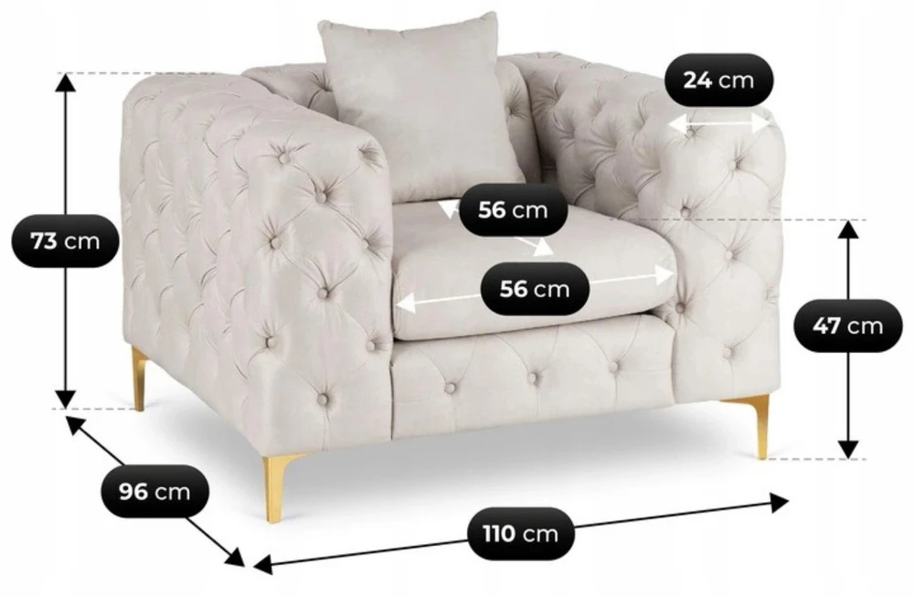 Sofa Mebel Elite Fotelis SORRENTO 1S, veliūrinis, 110 × 96 cm, kreminis