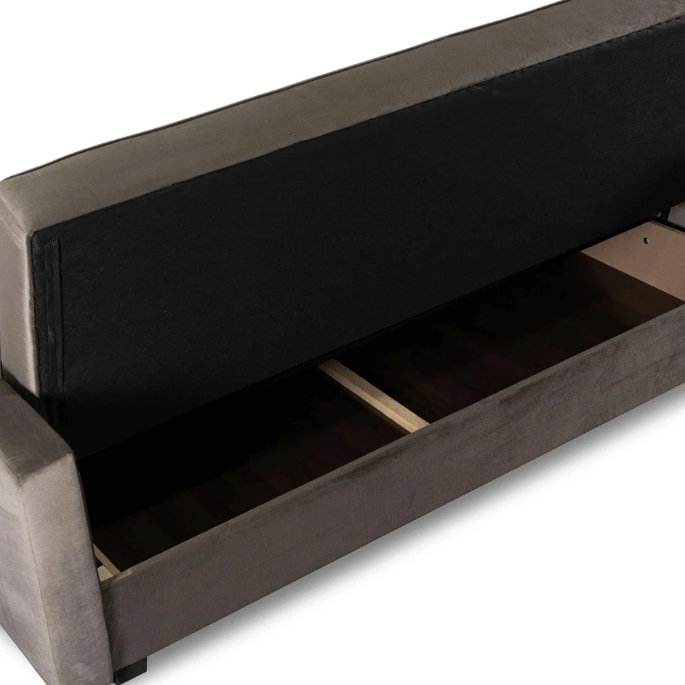 Mebel Elite Išskleidžiama sofa-lova ALUNA su patalynės dėže, 212 × 89 × 96 cm, smėlio spalvos