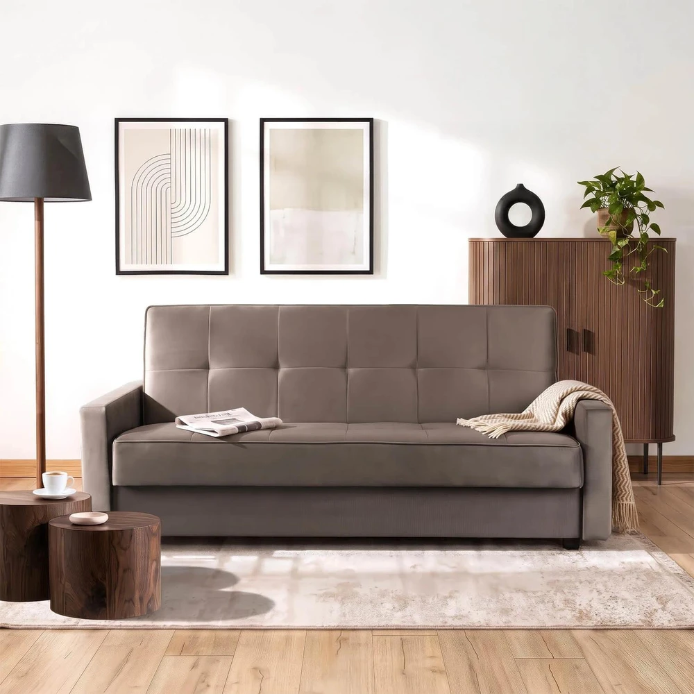 Mebel Elite Išskleidžiama sofa-lova ALUNA su patalynės dėže, 212 × 89 × 96 cm, smėlio spalvos