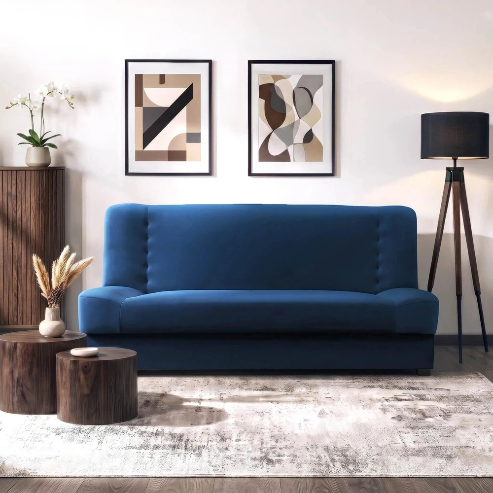 Mebel Elite Išskleidžiama sofa-lova PIANO su patalynės dėže, 190 × 92 cm, tamsiai mėlyna