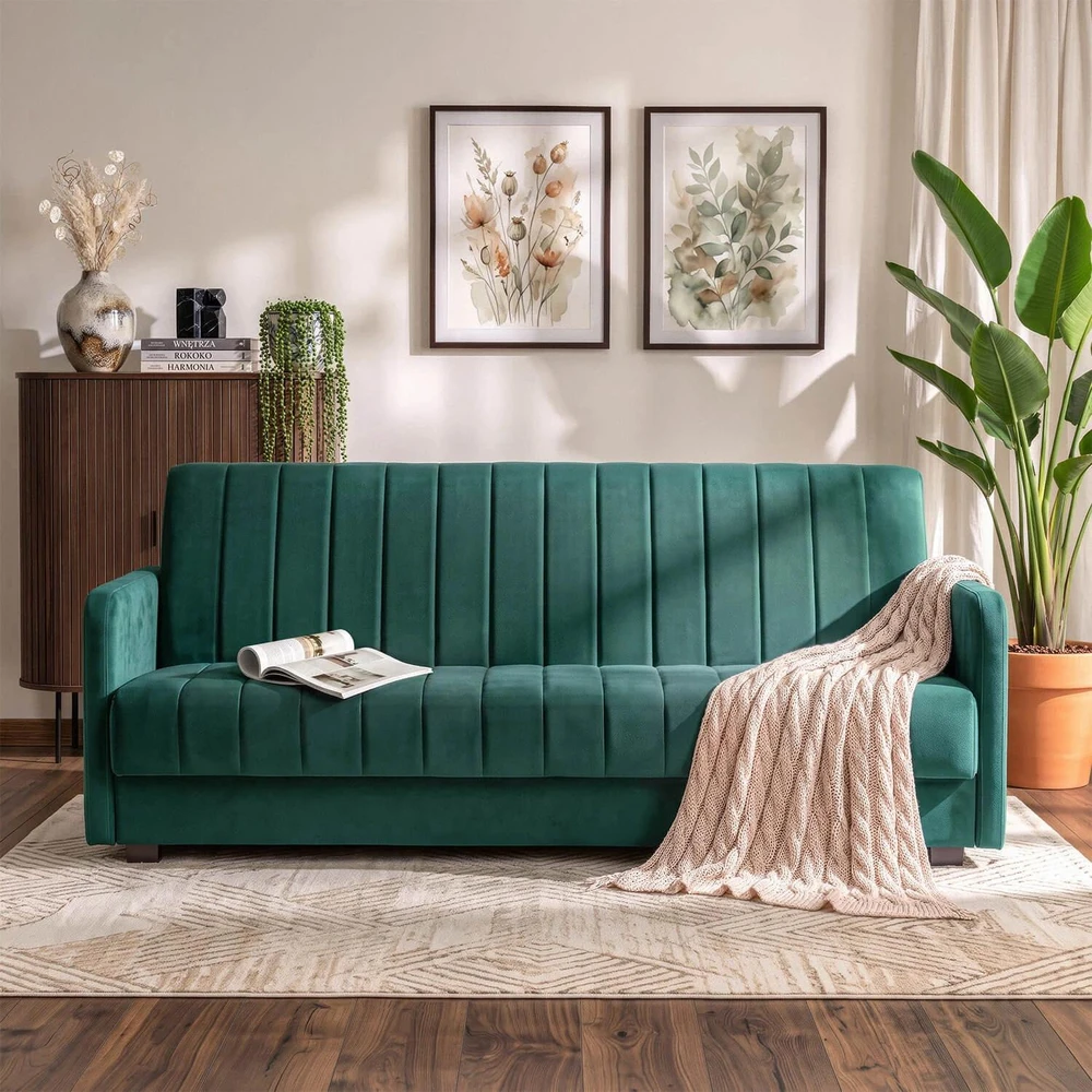 Mebel Elite Išskleidžiama sofa PORTO, 114 × 186 cm miegamoji vieta, žalia