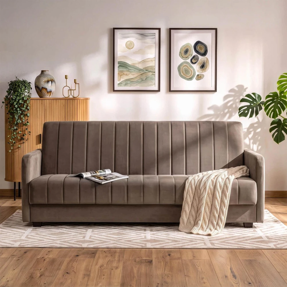 Mebel Elite Išskleidžiama sofa PORTO su patalynės dėže, 198 cm, smėlinė