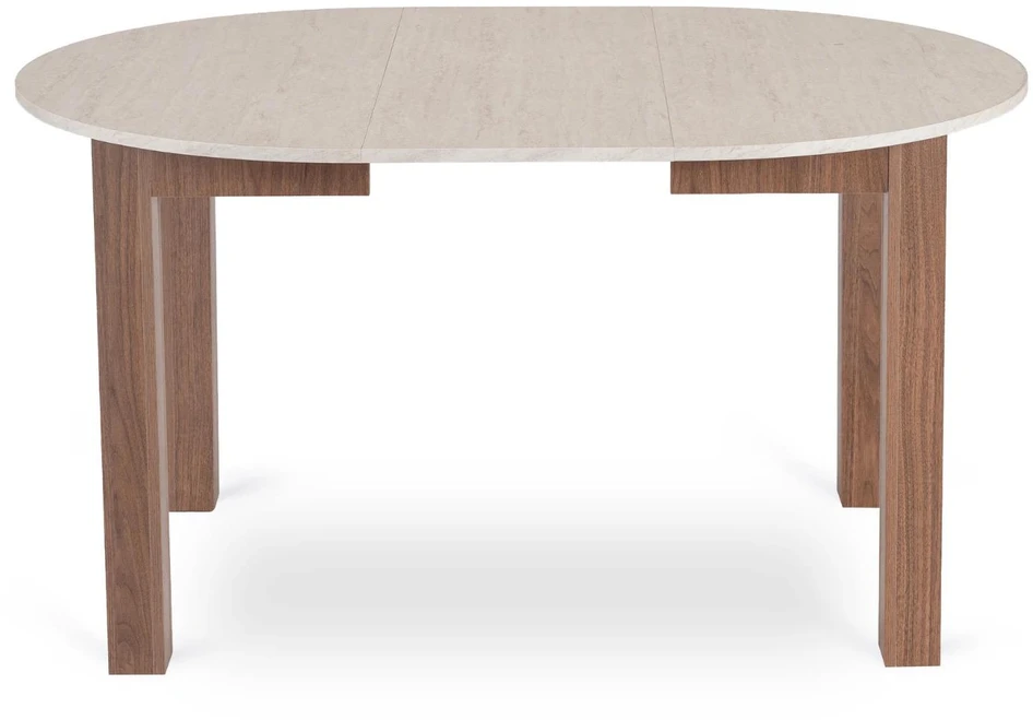 Mebel Elite Išskleidžiamas apvalus stalas HARRY, 102–142 cm, travertino ir riešuto „Nicea“ spalvų