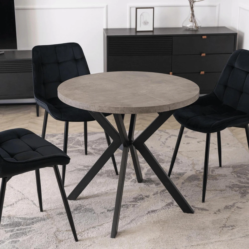 Mebel Elite Išskleidžiamas apvalus stalas, 80–160 cm, betono ir juodos spalvos