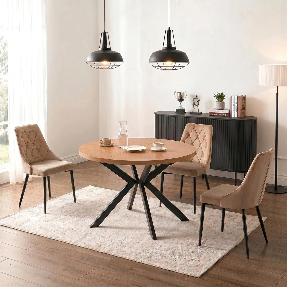 Mebel Elite Išskleidžiamas apvalus stalas, 100–250 cm, aukso ąžuolo ir juodos spalvos