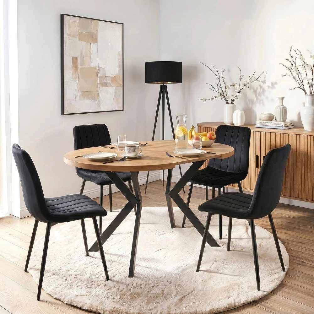 Mebel Elite Išskleidžiamas apvalus stalas, 80–160 cm, auksinio ąžuolo ir juodos spalvos