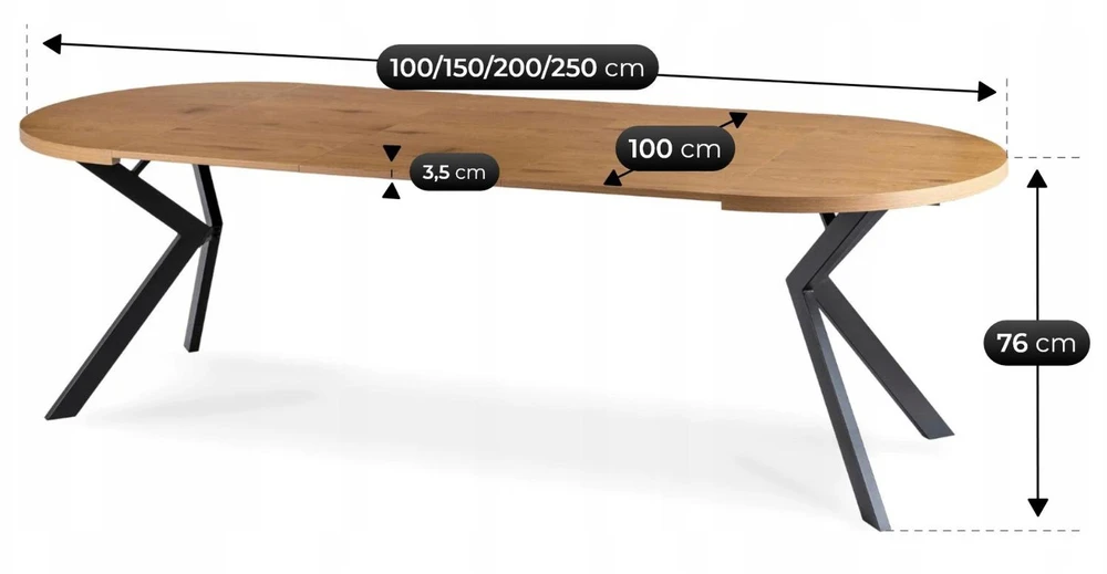 Mebel Elite Išskleidžiamas apvalus stalas, 100–250 cm, aukso ąžuolo ir juodos spalvos