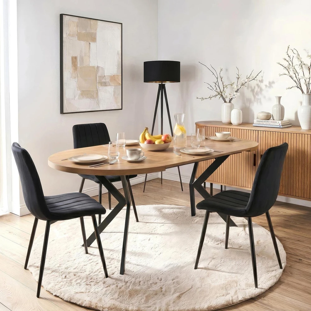 Mebel Elite Išskleidžiamas apvalus stalas, 80–160 cm, auksinio ąžuolo ir juodos spalvos