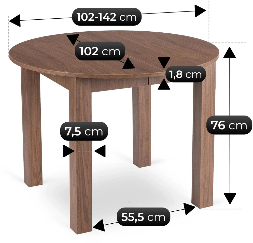 Mebel Elite Išskleidžiamas apvalus stalas, Ø 102 cm, išskleistas 142 cm, „Nicea“ riešuto spalvos