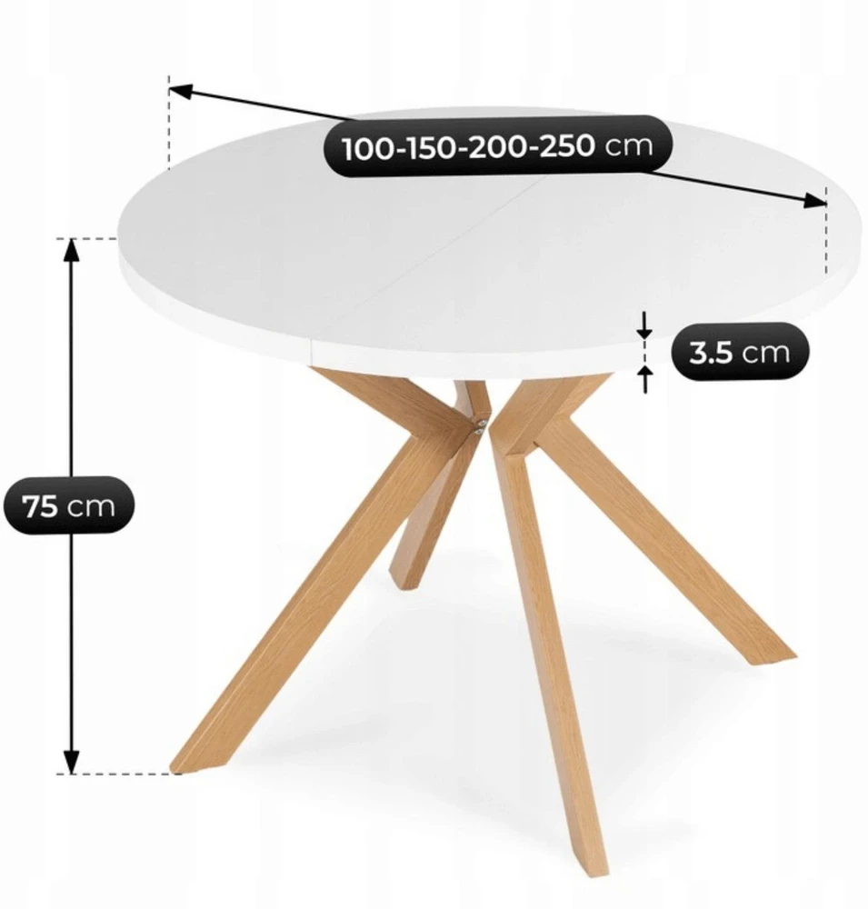 Fotelis Mebel Elite Išskleidžiamas apvalus stalas, 100–250 cm, baltas ir ąžuolo spalvos
