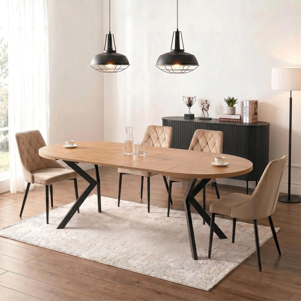 Mebel Elite Išskleidžiamas apvalus stalas, 100–250 cm, aukso ąžuolo ir juodos spalvos