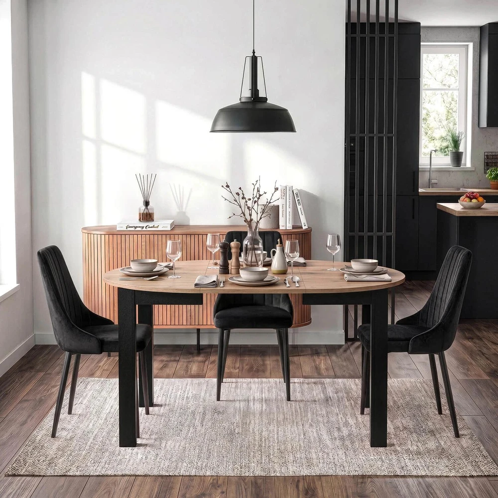 Mebel Elite Išskleidžiamas apvalus stalas HARRY, 102–142 cm, „Artisan“ ąžuolo ir juodos spalvos