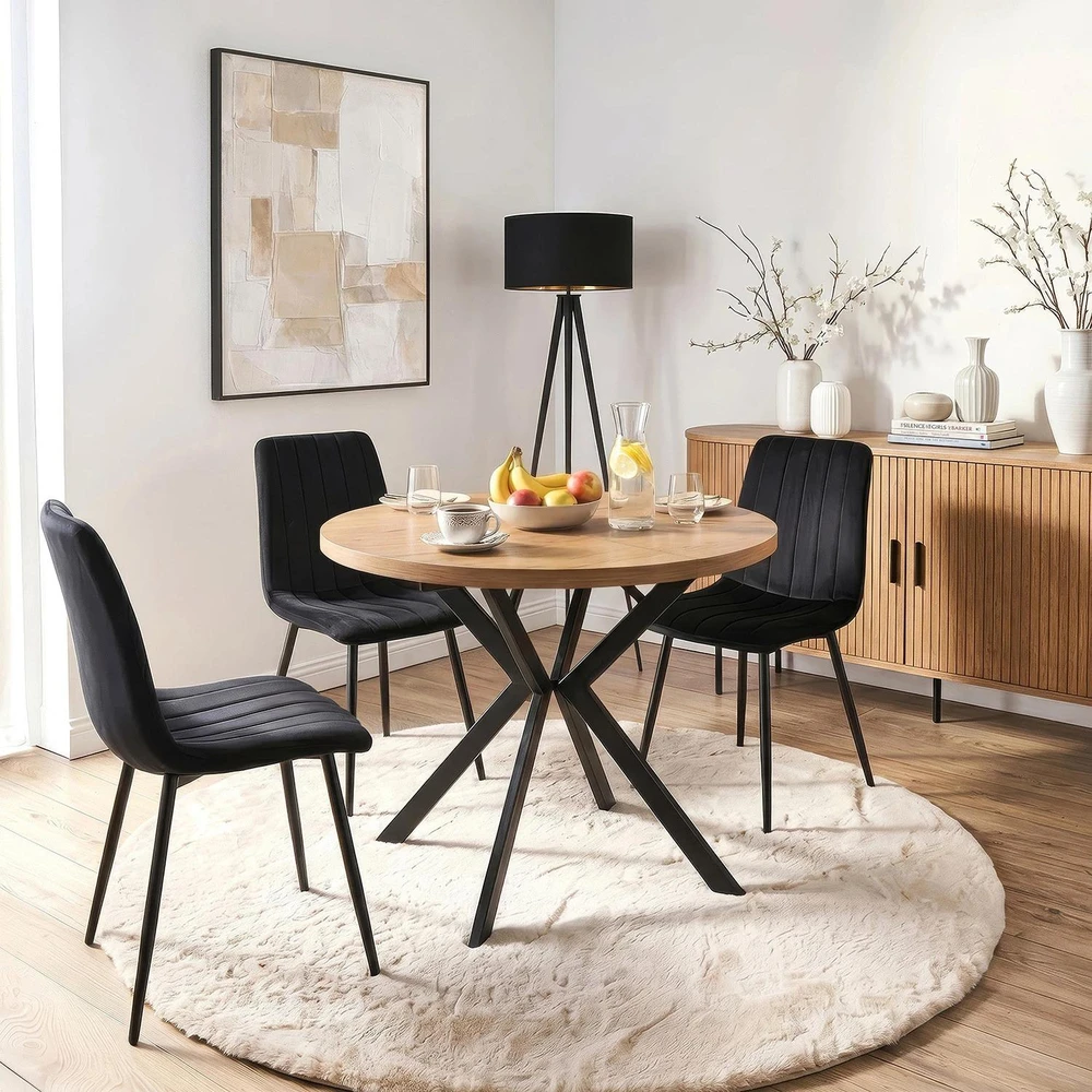 Mebel Elite Išskleidžiamas apvalus stalas, 80–160 cm, auksinio ąžuolo ir juodos spalvos